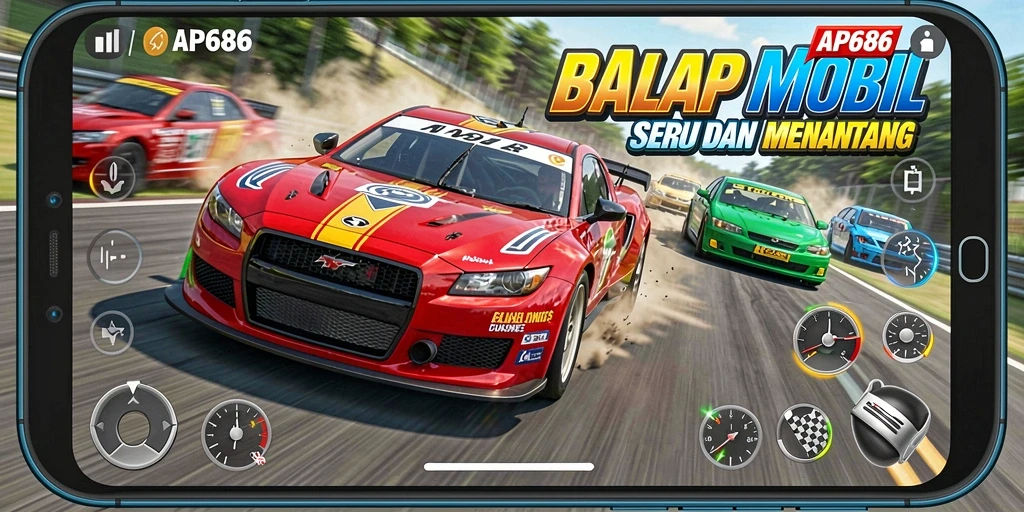 Screenshot yang menunjukkan balapan menegangkan di AP686 dengan grafis realistis.
