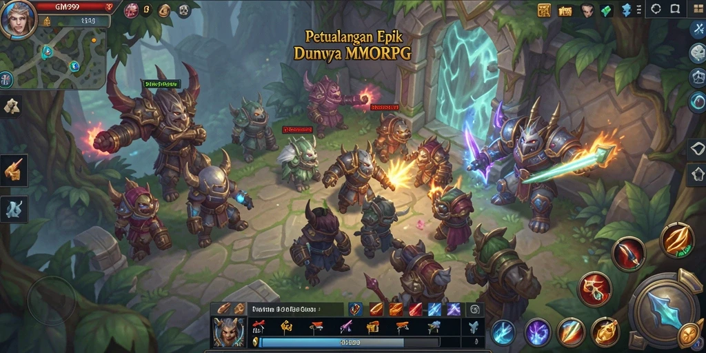 Screenshot gameplay GIM999 menunjukkan pertempuran seru di dunia MMORPG.