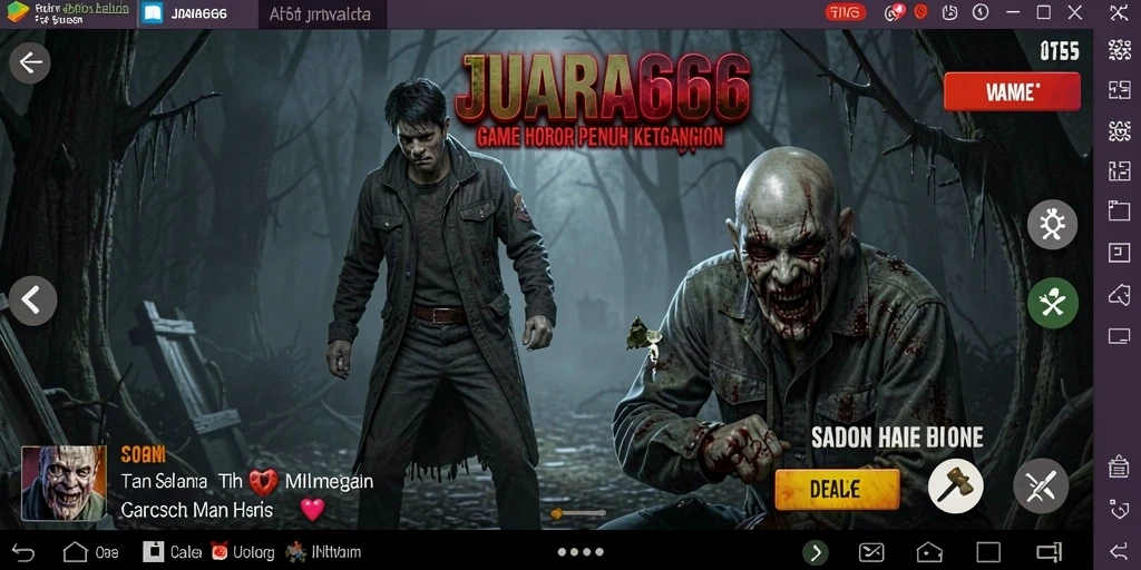 Screenshot JUARA666 menampilkan suasana menyeramkan dengan karakter hantu yang menakutkan.