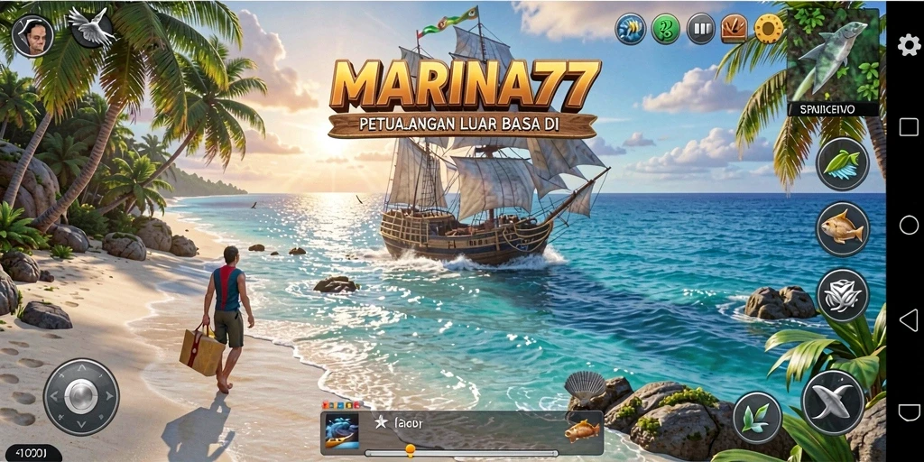Screenshot utama MARINA77 menampilkan aksi petualangan di lautan.