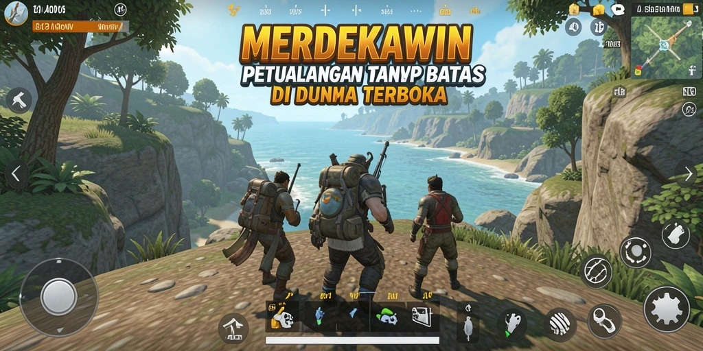 Screenshot gameplay MERDEKAWIN menampilkan petualangan epik di dunia terbuka.