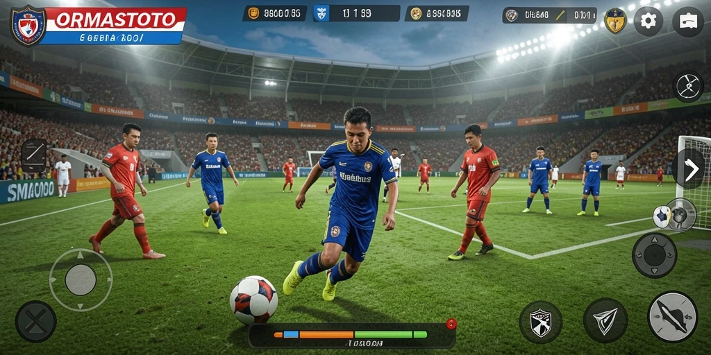 Tampilan gameplay ORMASSTOTO yang menarik dengan aksi sepak bola seru.