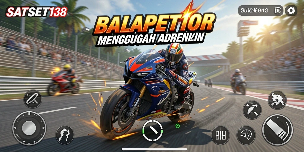 Screenshot SATSET138 menampilkan aksi mendebarkan dalam balapan motor.