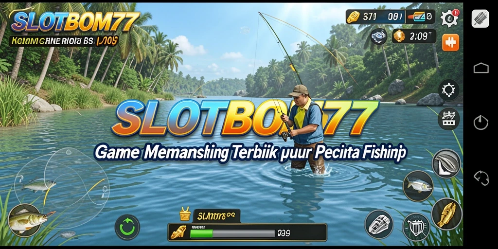 Screenshot menampilkan gameplay SLOTBOM77 dengan aksi memancing yang seru.