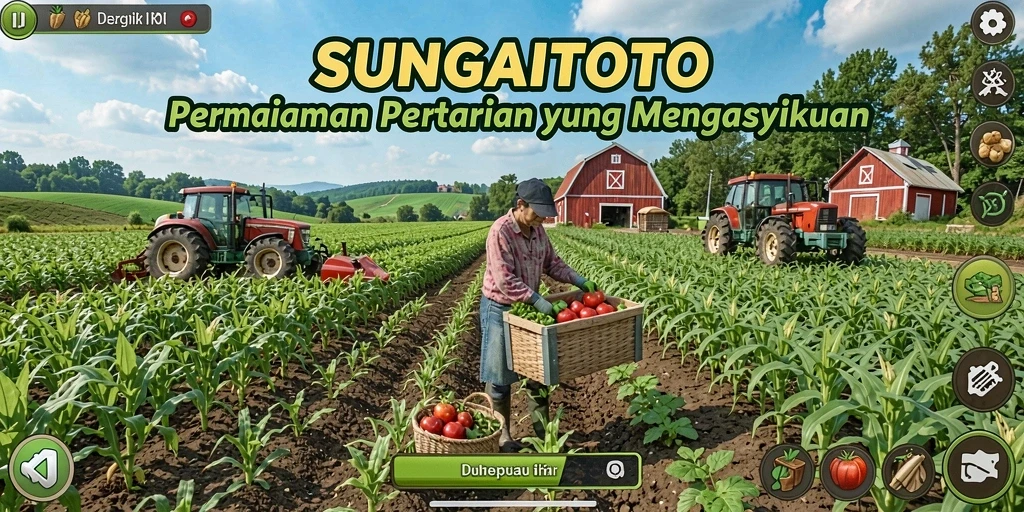 Tampilan gameplay SUNGAITOTO yang menggairahkan dengan ladang hijau dan hewan ternak.