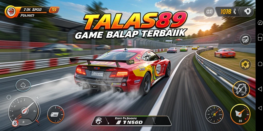 Tampilan gameplay TALAS89 dengan mobil balap yang melaju kencang.