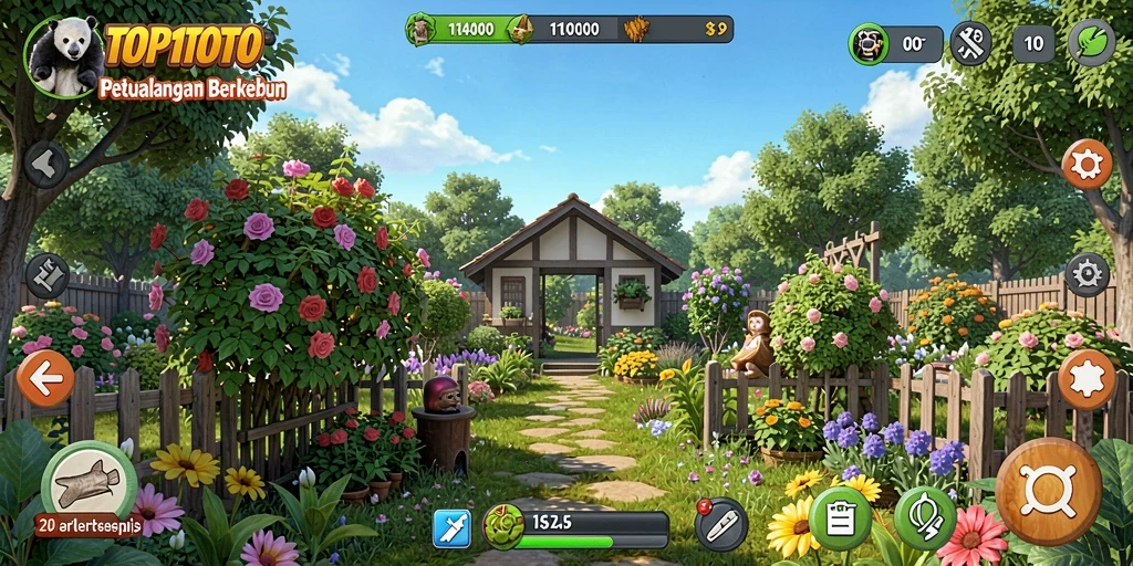 Screenshot gameplay <strong>TOP1TOTO</strong> yang menampilkan ladang yang subur dan tanaman beraneka ragam.